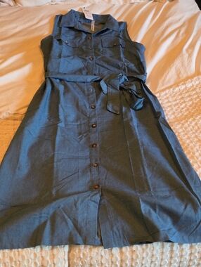 NY Collection Blue Sleeveless Button-Front Midi Dress with Waist Tie